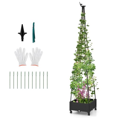 HOMASIS Obélisque de jardin avec bac à fleurs, treillis sur roulettes, en métal, avec réservoir d'eau, support pour plantes grimpantes, fleurs et tomates (style tour - 206 cm)