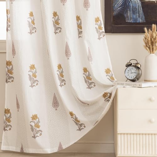 Image of Clasiko Block Print Sheer Door Curtains; 40% Light Filtering Linen Textured Curtains with Eyelets; Set of 2; 54x108 Inches / 9 Feet; Kalamkari Leaf