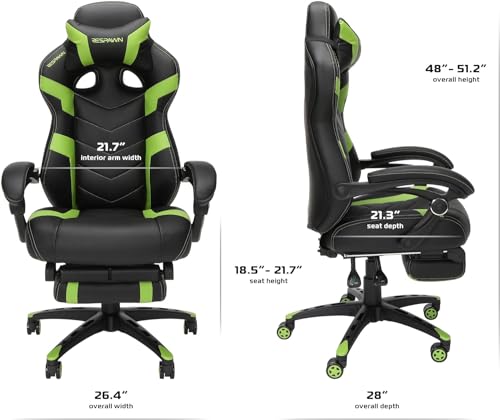 RESPAWN 110 Ergonomic Gaming Chair With Footrest Recliner - Racing Style High Back PC Computer Desk Office Chair - 360 Swivel, Lumbar Support, Adjustable Headrest Pillow, Padded Armrests - 2021 Green