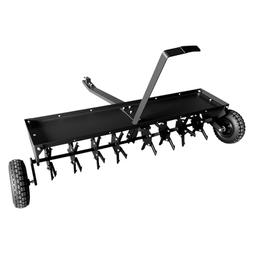 GarveeLife 48 in Tow Behind Lawn Aerator for Lawn, Heavy Duty Pull Behind Plug Aerator with Universal Hitch, 3 in Spikes & Inflatable Wheels for Grass Yard Clay Soil, Black