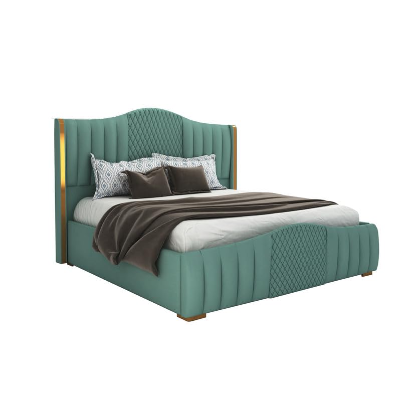 Image of MAMTA DECORATION Solid Wood King Size Bed for Bedroom with Box Storage | Premium Velvet Upholstery Double Bed with Tufted Headboard | Modern Palang Cot Bed for Home, Hotels & Guest Room | Greendust