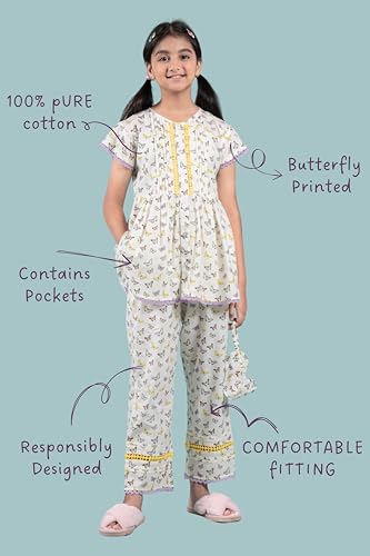 Image of Tweeny Mini Girls Kids Pure Cotton Nightsuit | Nightwear | Sleepwear | Nightdress with Pajama and Halfsleeve Top Cute Butterfly Printed with Eye Mask