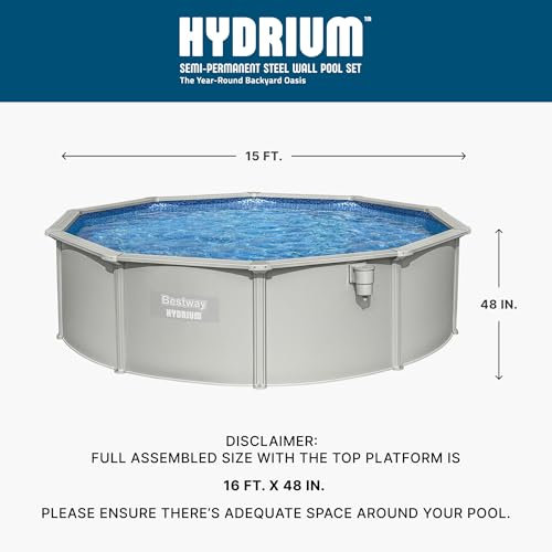 Image of Bestway Hydrium 15' x 48 inch Above Ground Pool, Round Steel Side Wall Frame Outdoor Swimming Pool Set with Sand Filter Pump, Ladder & Accessories