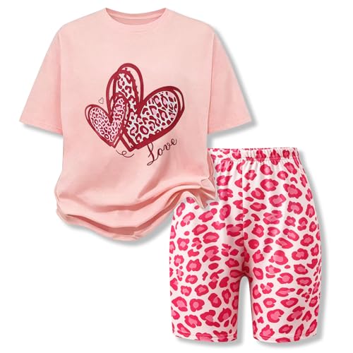 Image of 9-16Y Tween Girl Clothes 2 Piece Short Sleeve Heart Print Top and Shorts Teen Girl Summer Outfits Short Set