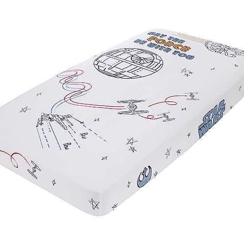 Image of NoJo Star Wars May The Force Be with You White, Blue, and Gold Millennium Falcon and Death Star Photo Op Nursery Fitted Crib Sheet