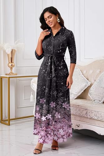 Image of Runwind Women Church Maxi Dresses 3 /4 Sleeve Button Down Print Casual Office Dress African