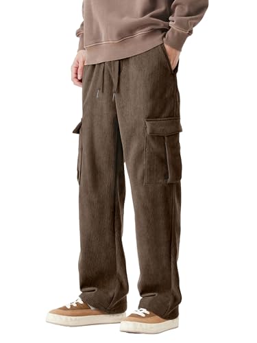 PLEPAN Mens Cargo Corduroy Pants Elastic Waist Drawstring Sweatpants Casual Pant Loose Fit