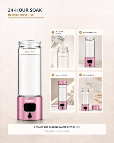 Image of Hydrogen Water Bottle Generator, 5000 PPB Hydrogen Rich Water with LED Timer, Rechargeable, Glass Bottle with Aluminum Alloy Shell, 1300mAh Battery for Home Office Travel (Pink)