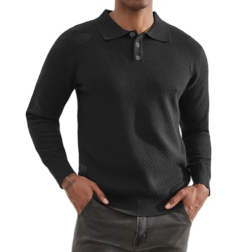 Thkzn Men's Waffle Sweater Knit Long Sleeve Polo Shirts