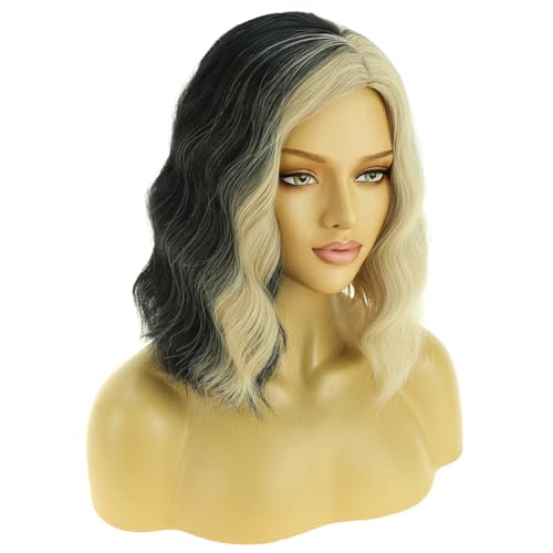 Image of BERON Black and Blonde Wigs for Women Short Curly Wavy Hair Wig Girls Mixed Color Synthetic Costume Cosplay or Use Wig