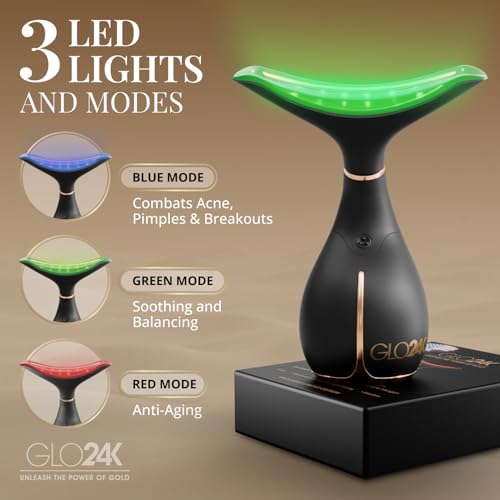 GLO24K Red Light Face & Neck Beauty Device – 3-in-1 Facial Massager Tool with LED & Vibration for Skin Revitalization and Neck Firming