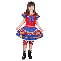 Vestido Infantil Festa Junina São João Com Calção Cor Vermelho e Azul Escuro Estampa Com Flores Estilo Arraiá Quadrilha (BR, Idade, 10 Anos, Vermelho e azul escuro)