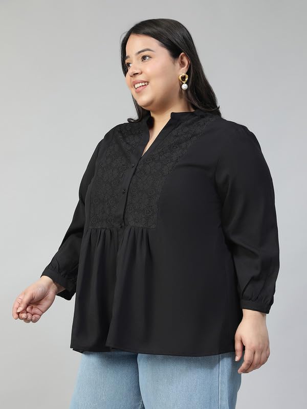 Image of oxolloxo Plus Size Polyester Casual Tops | Relaxed Fit Solid Solid V-Neck |Regular Curved Tops ForPlus Size Women |Green