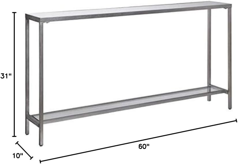 BOWERY HILL Contemporary Console Table, 60 in Wide, Antique Silver Finish, Metal and Glass Construction, Beveled Mirrored Top, Clear Glass Shelf, Narrow Design for Living Room or Hallway Decor