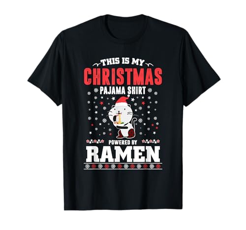 Maglietta con scritta "This Is My Christmas Pajama Powered by Ramen Santa Cat" Maglietta