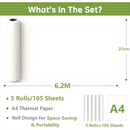 5 Rollen Thermopapier A4 für Tragbaren Drucker, 21cm x 6.2m, Thermodrucker Papier, A4 Thermopapier, BPA-freies Thermal Paper, für Fehlerdruckpapier, Miau-Maschine-Papier, Datei Webseite Fotodruck