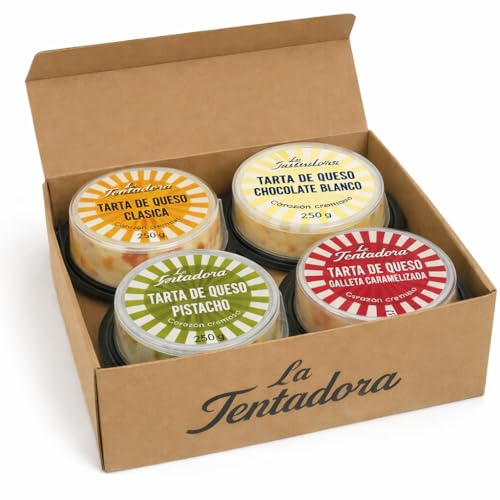 Tarta de Queso La Tentadora | Caja 4 unidades | Sabores Pistacho, Chocolate Blanco, Clásica y Galleta Caramelizada Elaborada a Mano, Una a Una y Envío Refrigerado, Producto Artesanal | 4x250g