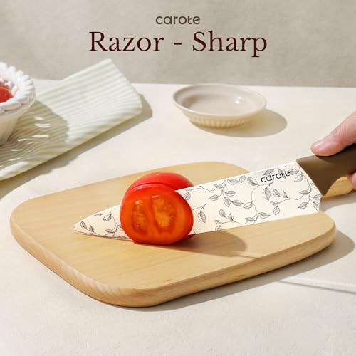 CAROTE 12PCS Knife Set, Kitchen Knife Set with 6 Blade Guards, Stainless Steel Knives Set With Nonstick Ceramic Coating, Rustproof, Delicate Floral Designs, White - Image 4