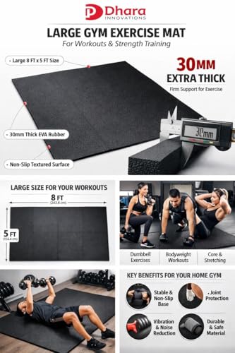 Image of iDOL Gymflow 30mm Thick EVA Rubber Gym Mat 8x5 Ft | Rigid Non-Slip Floor Mat for Gym Machines & Dumbbell Area | Heavy-Duty Shock Absorbing Home Gym Flooring (Black)