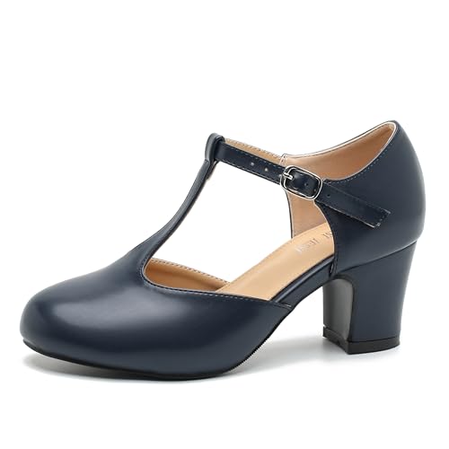 Women's T Strap Mary Jane Shoes Mid Block Chunky Heel Buckle Dress Pumps