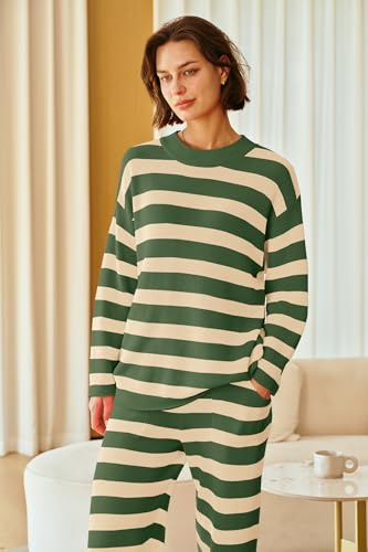 Image of SENSERISE Womens Striped Set Sweater Lounge Sets | Pajamas Set, Loungewear Set, Oversized Knit Sweater, Wide Leg Pants with Pockets, Fall Outfits, Pants Set