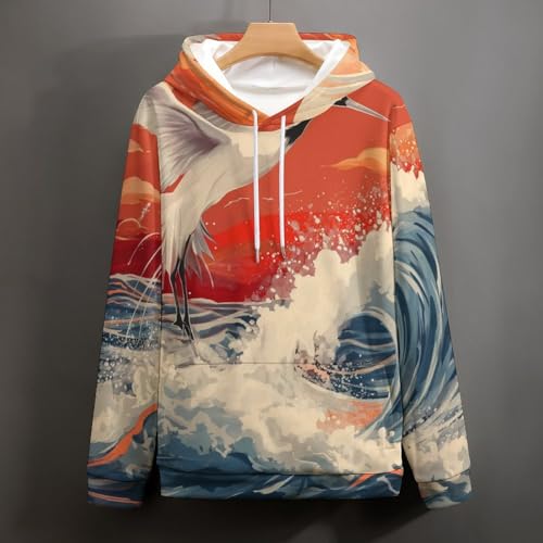 Pullover manches longues oiseau blanc et vagues au design artistique unique - 5