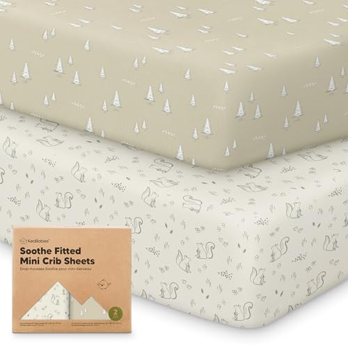Image of 2-Pack Mini Crib Sheets Fitted - 38x26 Pack N Play Sheets for Pack and Play Mattress, Organic Cotton, Soft & Breathable Playard Bedding, Neutral Mini Toddler Bed Cover for Boys, Girls (Pine Grove)