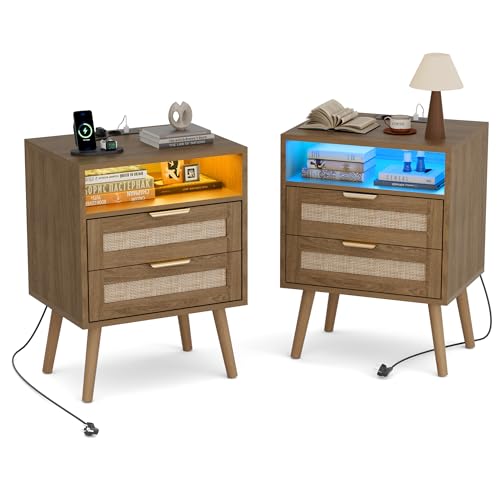 BonVache Table de Chevet Lot de 2 avec Lumière Réglable, Table de Nuit, Prise intégrée et Ports USB-A & C, Compartiment Ouvert et 2 Tiroirs en Cannage,...
