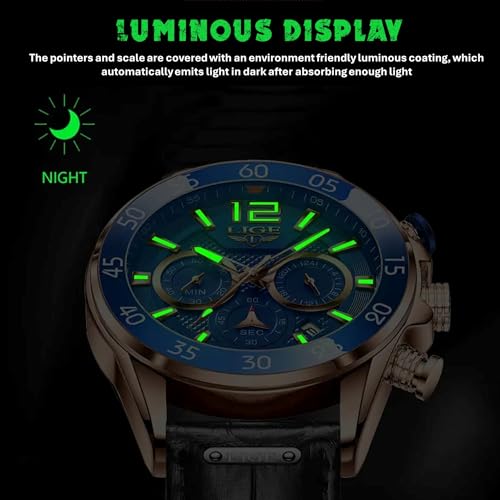 Image of LIGE Men's Watch Chronograph Genuine Brown Leather Strap Rose Gold Case with Date, Luminous Hand Analog Watches for Men | Gift for Men