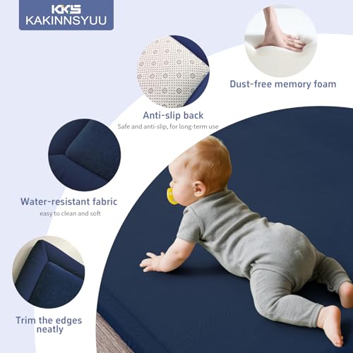 Image of 2-Inch Extra Thick Baby Floor Mat, 79 inchx59 inch Large Nursery Rug with Powder-Free Memory Foam, Water-Resistant Flannel Cover & Non-Slip Base for Tummy Time and Crawling, Navy Blue