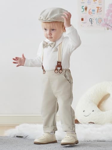 Image of SALNIER Baby Boy Suit Set Infant Formal Outfit Tuxedo | Soft Cotton Shirt Suspenders Pants Bow Tie Beret Hat 5pcs Set, For Wedding Baptism Birthday Party