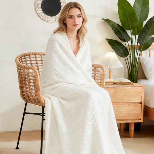 Image of EMME Muslin Blankets for Adults Throw Blanket for Couch Breathable Gauze Soft Lightweight Airy White King 108 inch x 90 inch