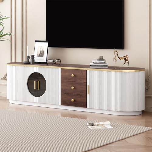 Image of 70.8 inch Modern TV Stand with Glass Doors & Storage Drawers, Fluted Media Console for TVs Up to 90 inch, Entertainment Center with Shelves & Cable Management - Gold Accents, Walnut Finish,White