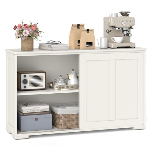 GIANTEX Aparador Bajo con Puertas, Mueble de Cocina con Estante Ajustable en Altura y Puertas Correderas, 106,5 x 33 x 60 cm, Mueble Auxiliar para Cocina, Salón y Pasillo (Blanco Crema)