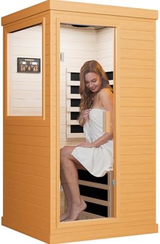 OUTEXER Far Infrared Sauna Home Sauna Spa Room Canadian Hemlock Wood 1200W Indoor Saunas Low EMF 110V with Control Panel and Tempered Glass Door, Room: 35.2 * 27.6 * 61.6Inch