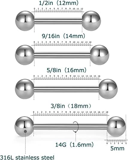 Miniatura 4 de VCMART Nipple Rings Tongue Rings Stainless Steel 14G Straight Barbells Piercing Jewelry 12mm,14mm,16mm,18mm
