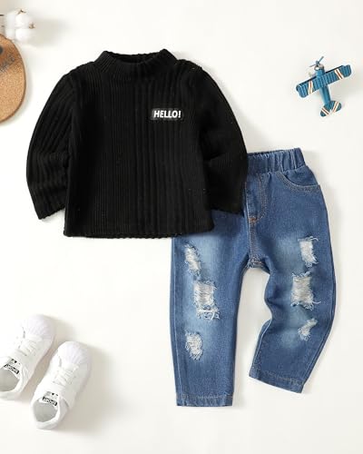 NZRVAWS Toddler Baby Boy Clothes Pullover Sweater Ripped Jean Sweatsuit Little Boy Outfit Fall Winter Clothing Set 6M-7T2