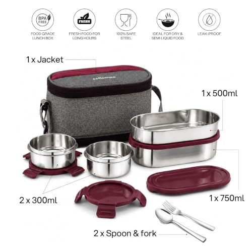 Image of CELLO MF Senator Set of 4 Stainless Steel Lunch Box with Extendable Zipper Bag, Burgundy | 300ml, 300ml, 500ml Containers, 750ml Oval Container with Spoon & Fork, Leakproof Tiffin Set for Office