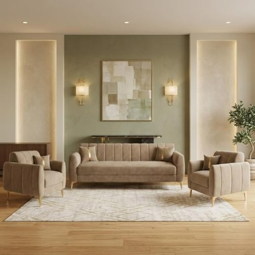 Image of Hermione Luxe Velvet-Suede Fabric 3 Seater + 1 Seater + 1 Seater Sofa Set | Golden Legs | Comfortable & Spacious Seating | Modern Sofa Set for Living Room - Beige