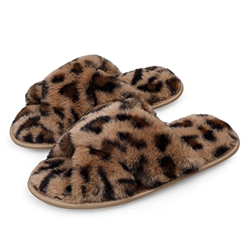 LARGERED Hausschuhe Damen Winter Warme Pantoffeln Memory Foam Plüsch Hausschuhe mit Kreuzband Bequeme Rutschfeste Flache Slippers Indoor Outdoor,Flauschige Hausschuhe Leopard,Gr.40/41EU