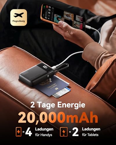 INIU 45 W Power Bank, 20000 mAh Small Power Bank with Integrated USB-C Cable, Mini Size External Mobile Phone Batteries, USB-C In & Out, Small But Strong for iPhone 17 16 15 14 13 Laptop Samsung