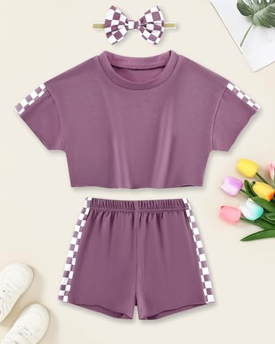Image of SANMIO Toddler Girl Clothes Summer 3 Piece Outfits Cute | Short Sleeves Checkered Tops Shorts and Headband Girls Clothing Set