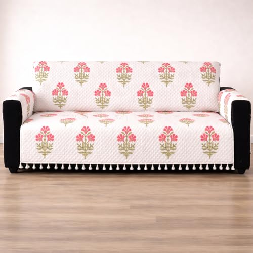 Image of House of Quirk IKATRA Series Quilted Printed Sofa Cover for Indian Sofa Set with Side Pocket - Premium Washable, Anti-Slip, Durable & Ultra Soft Fabric Protector (Ivory Phool, Three Seater)
