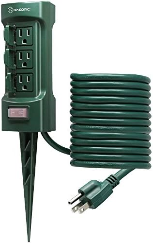 K KASONIC Outdoor Power Stake, Kasonic 6-Outlet 9 ft Extension Cord Power Strip, Double Sided with Weatherproof Safety Flip Covers, ETL Certified Multi-Outlets (Outdoor)