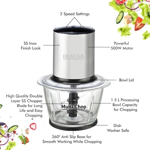 INALSA Electric Chopper for Kitchen&Meat Grinder with 1.5 Extra Large Capacity Glass Bowl|Pure Copper 500Watt Motor|2 Speed Settings|Stainless Steel Double Layer Blade|Quick Chopping-Multi Chop