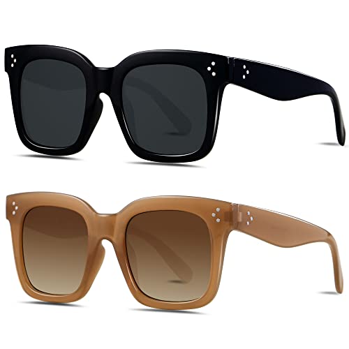 ANDWOOD Oversized Sunglasses for Women Big Large Square Wide Frame Shades Retro Trendy Fashion UV Protection Black Brown Sun glasses