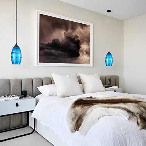 Mini Blue Clear Glass Pendant Light, Glass Oval Shade Pendant Lighting Fixture For Kitchen Island, Sink, Counter, Bar, Dining Room,Dining Room, Matte Black Finish Base 3 Pack #TOP6