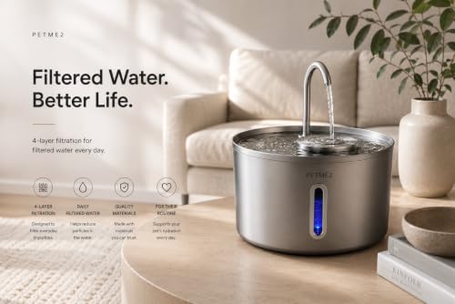 PETME2 Stainless Steel Cat Water Fountain 108oz/3.2L, Dog Water Fountain for Cats & Dogs Indoor, LED Light, Quiet Pump, Faucet & Bubbling Dual Flow Modes, 4-Layer Filter, Dishwasher Safe - image 7