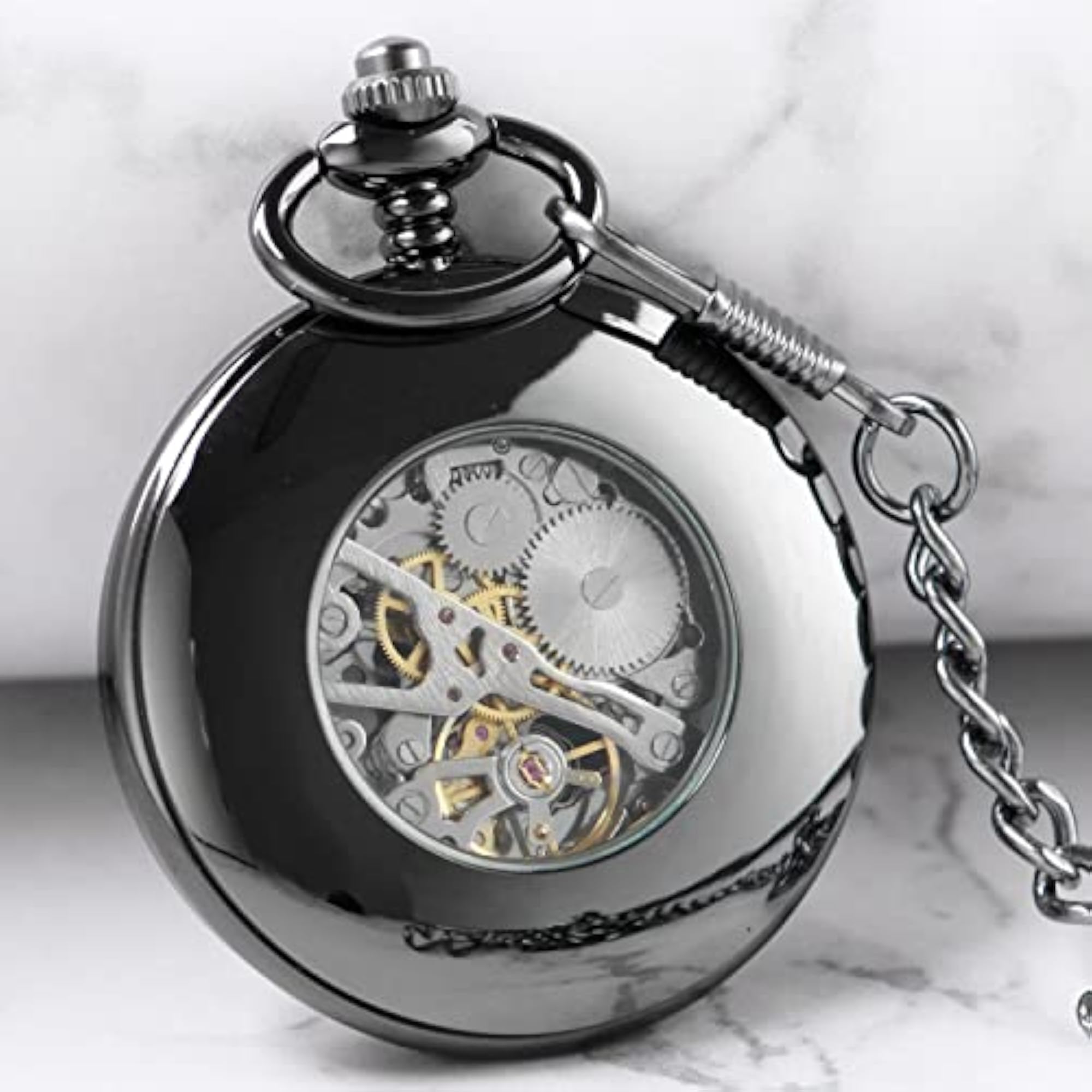 Men's Black Mechanical Pocket Watch with Chain, Birthday Gift