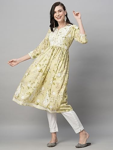 Image of RATAN Women's Rayon Printed Anarkali Lucknowi Chikankari Ethnic Wear Kurta